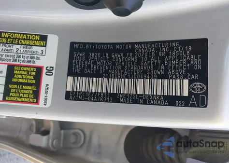 2018 Toyota Corolla Le from USA, damaged, VIN 2T1BURHE1JC049409